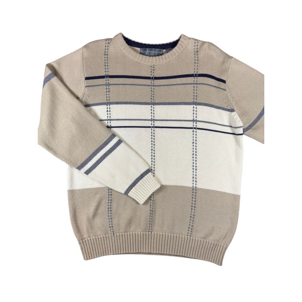 Oscar de la Renta Men's XL Cotton Plaid Crewneck Sweater Tan Navy